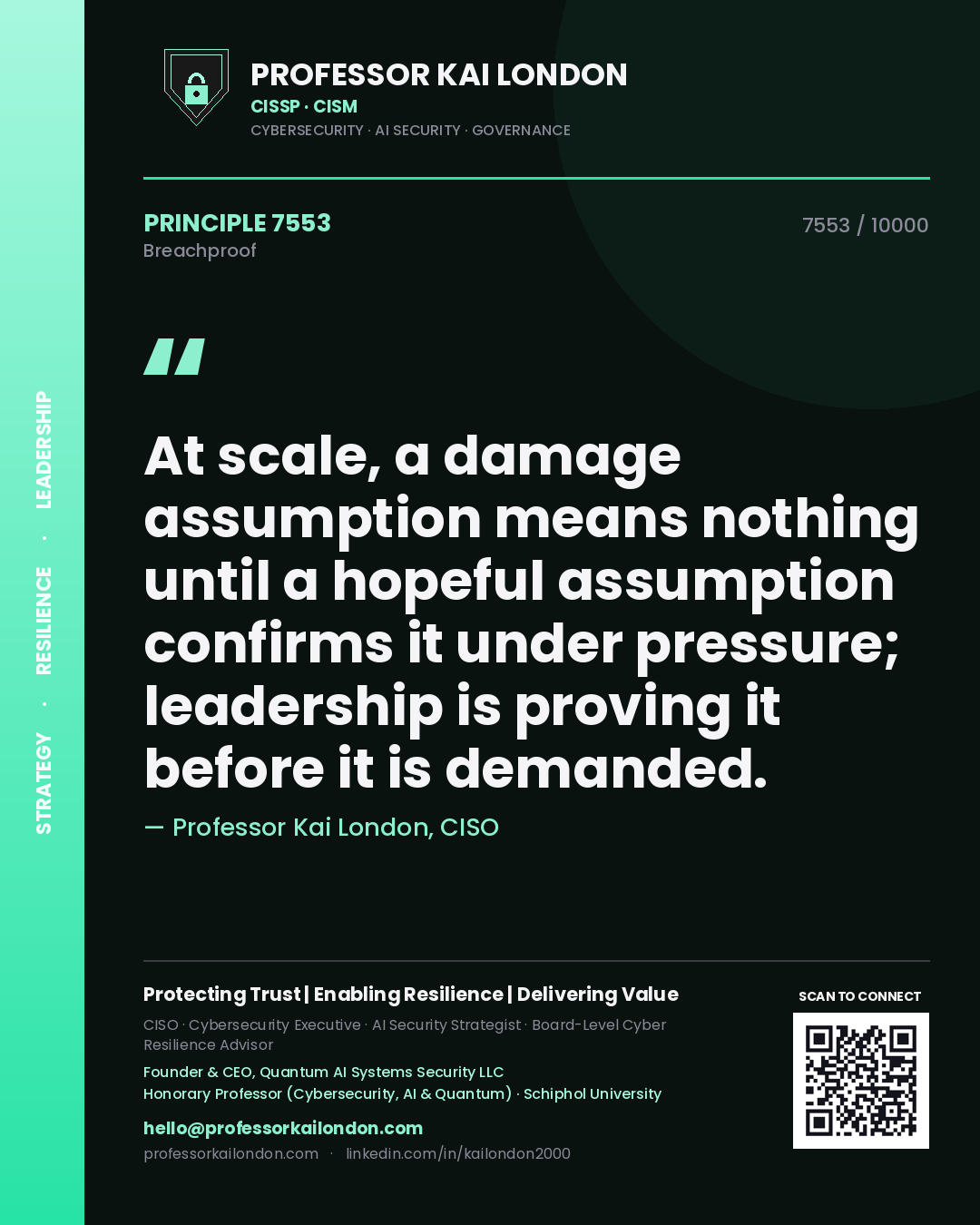 Quote card by Professor Kai London reading 'At scale, a damage assumption means nothing until a hopeful assumption confirms it under pressure; leadership is proving it before it is demanded.'. From the book Breachproof.