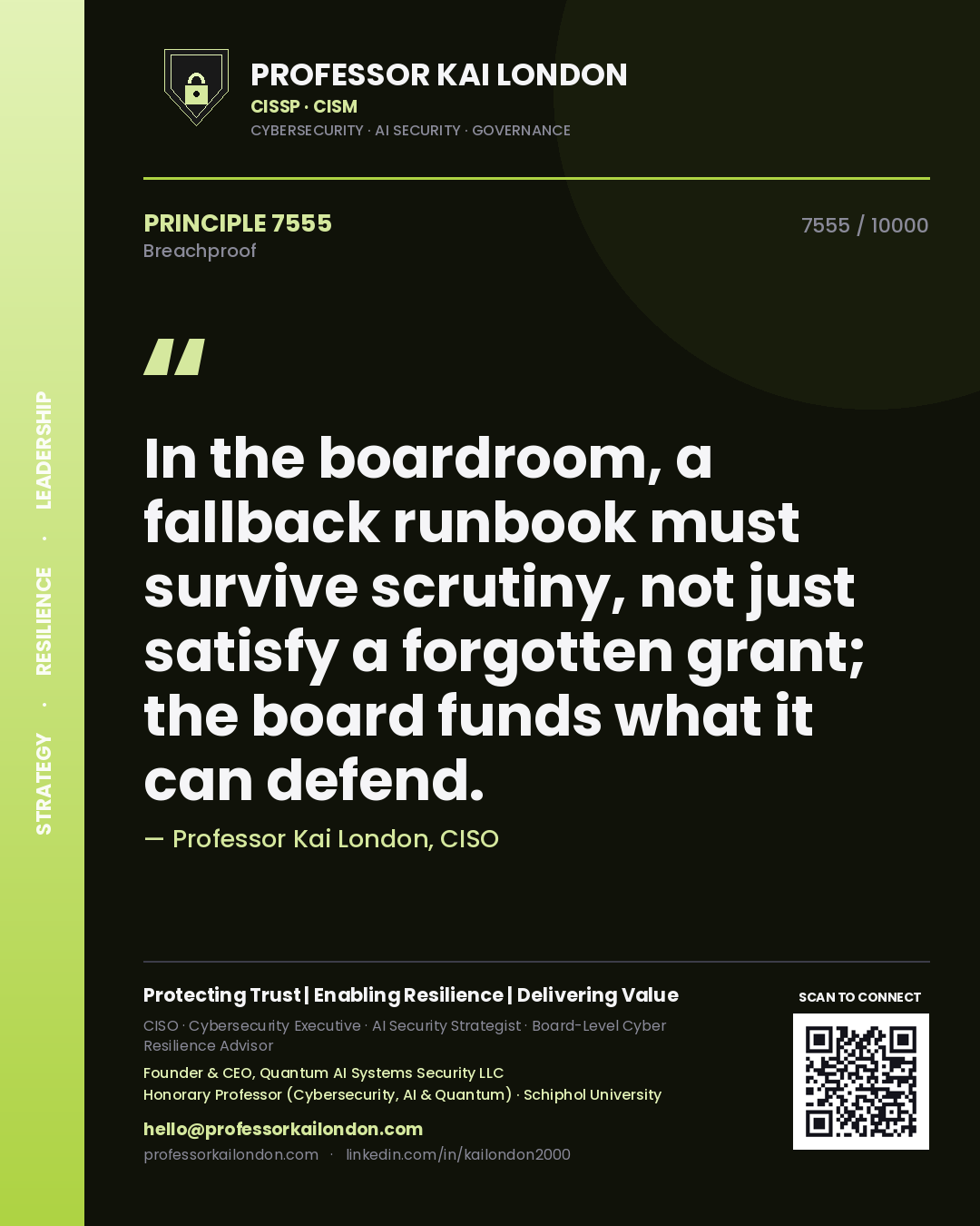 Quote card by Professor Kai London reading 'In the boardroom, a fallback runbook must survive scrutiny, not just satisfy a forgotten grant; the board funds what it can defend.'. From the book Breachproof.