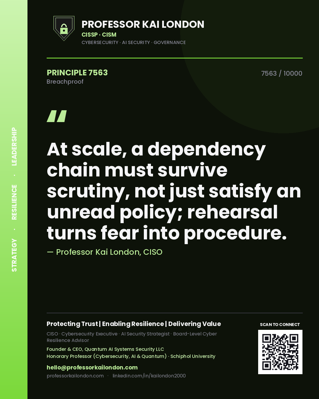 Quote card by Professor Kai London reading 'At scale, a dependency chain must survive scrutiny, not just satisfy an unread policy; rehearsal turns fear into procedure.'. From the book Breachproof.