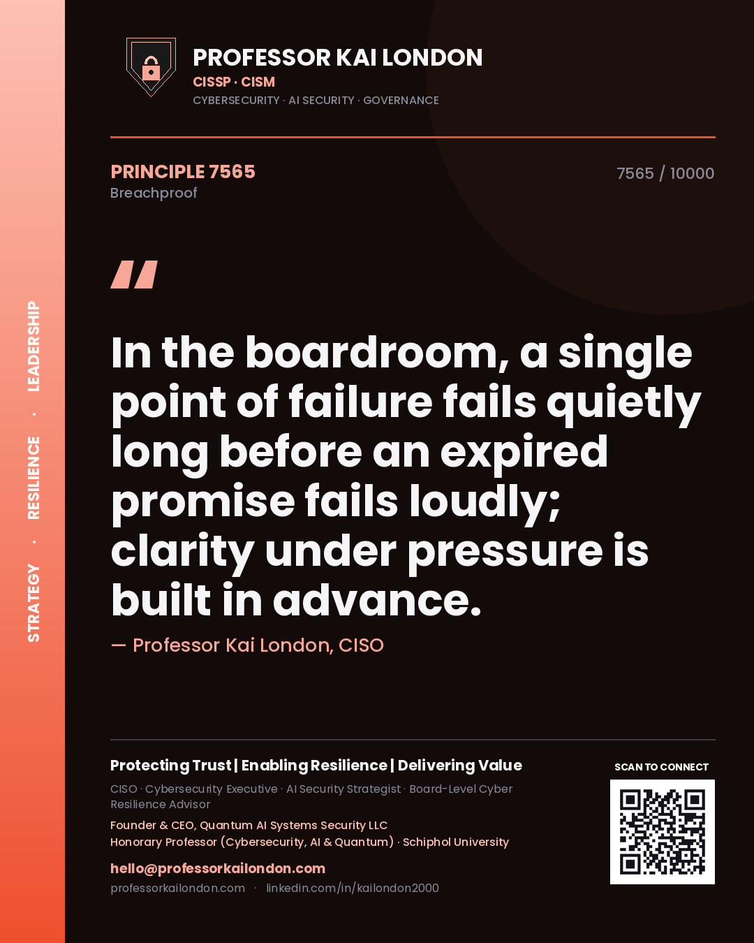 Quote card by Professor Kai London reading 'In the boardroom, a single point of failure fails quietly long before an expired promise fails loudly; clarity under pressure is built in advance.'. From the book Breachproof.
