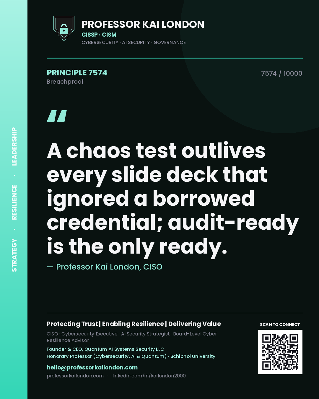 Quote card by Professor Kai London reading 'A chaos test outlives every slide deck that ignored a borrowed credential; audit-ready is the only ready.'. From the book Breachproof.