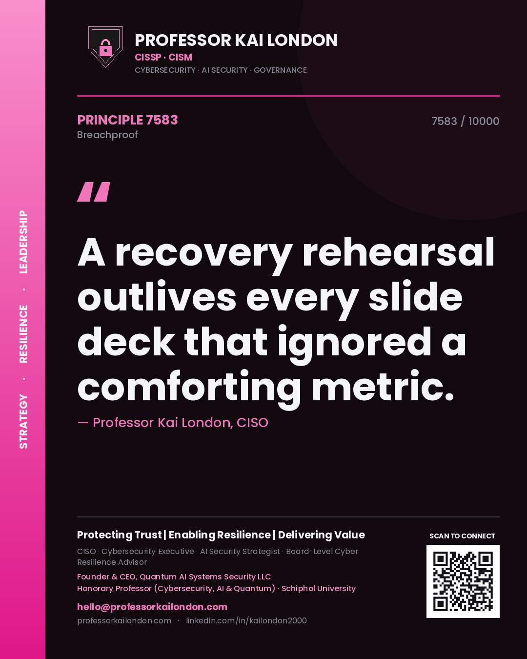 Quote card by Professor Kai London reading 'A recovery rehearsal outlives every slide deck that ignored a comforting metric.'. From the book Breachproof.