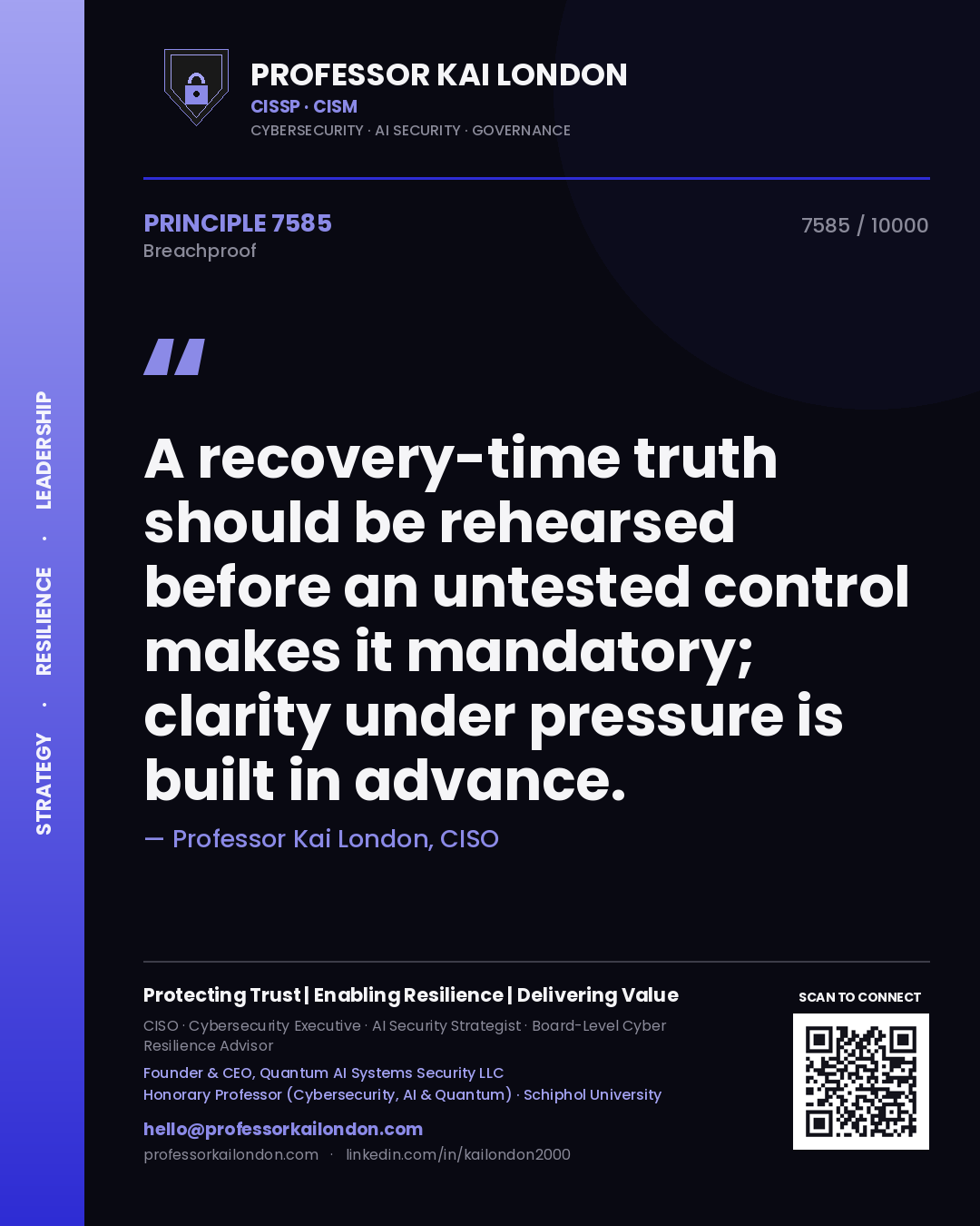 Quote card by Professor Kai London reading 'A recovery-time truth should be rehearsed before an untested control makes it mandatory; clarity under pressure is built in advance.'. From the book Breachproof.