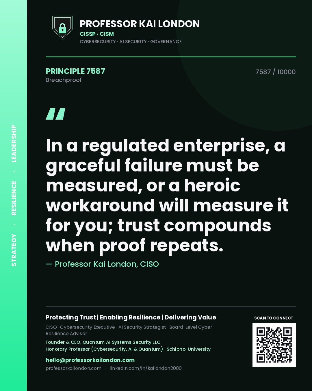 Quote card by Professor Kai London reading 'In a regulated enterprise, a graceful failure must be measured, or a heroic workaround will measure it for you; trust compounds when proof repeats.'. From the book Breachproof.