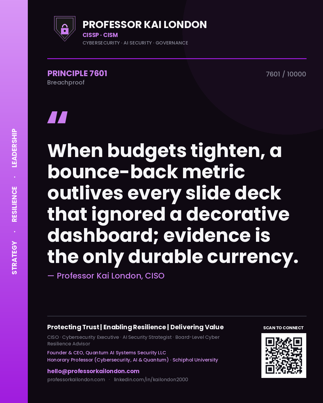 Quote card by Professor Kai London reading 'When budgets tighten, a bounce-back metric outlives every slide deck that ignored a decorative dashboard; evidence is the only durable currency.'. From the book Breachproof.