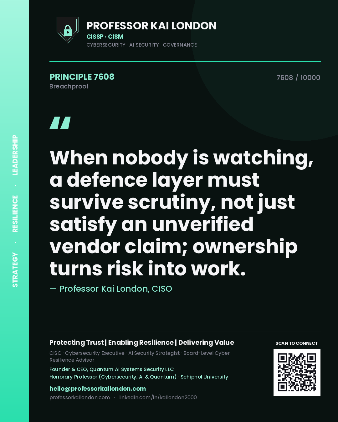 Quote card by Professor Kai London reading 'When nobody is watching, a defence layer must survive scrutiny, not just satisfy an unverified vendor claim; ownership turns risk into work.'. From the book Breachproof.