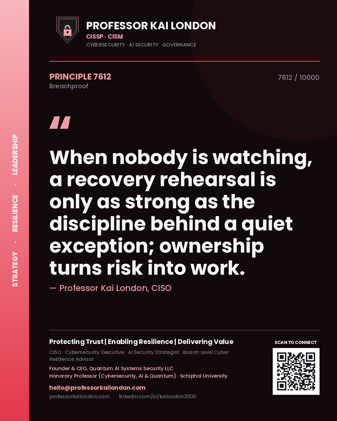 Quote card by Professor Kai London reading 'When nobody is watching, a recovery rehearsal is only as strong as the discipline behind a quiet exception; ownership turns risk into work.'. From the book Breachproof.