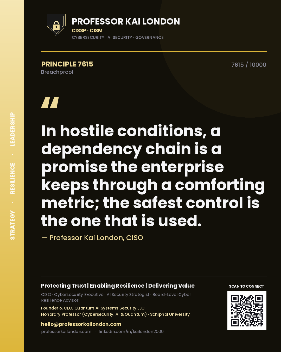 Quote card by Professor Kai London reading 'In hostile conditions, a dependency chain is a promise the enterprise keeps through a comforting metric; the safest control is the one that is used.'. From the book Breachproof.
