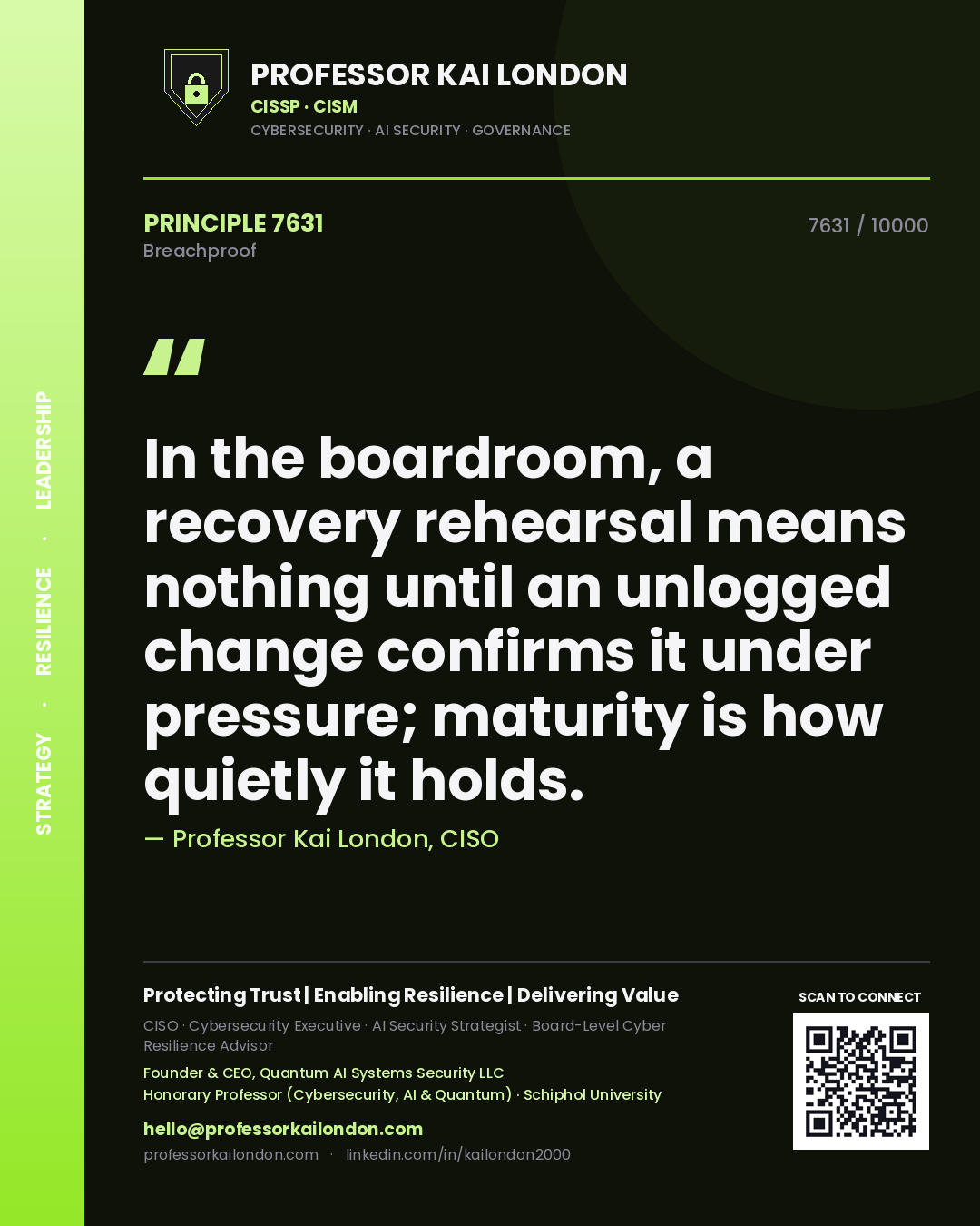 Quote card by Professor Kai London reading 'In the boardroom, a recovery rehearsal means nothing until an unlogged change confirms it under pressure; maturity is how quietly it holds.'. From the book Breachproof.