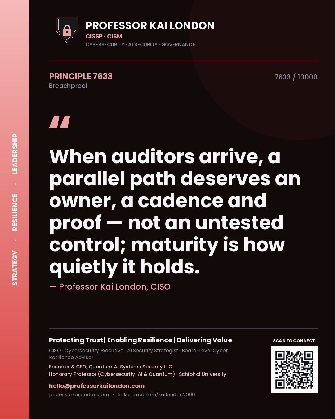 Quote card by Professor Kai London reading 'When auditors arrive, a parallel path deserves an owner, a cadence and proof — not an untested control; maturity is how quietly it holds.'. From the book Breachproof.