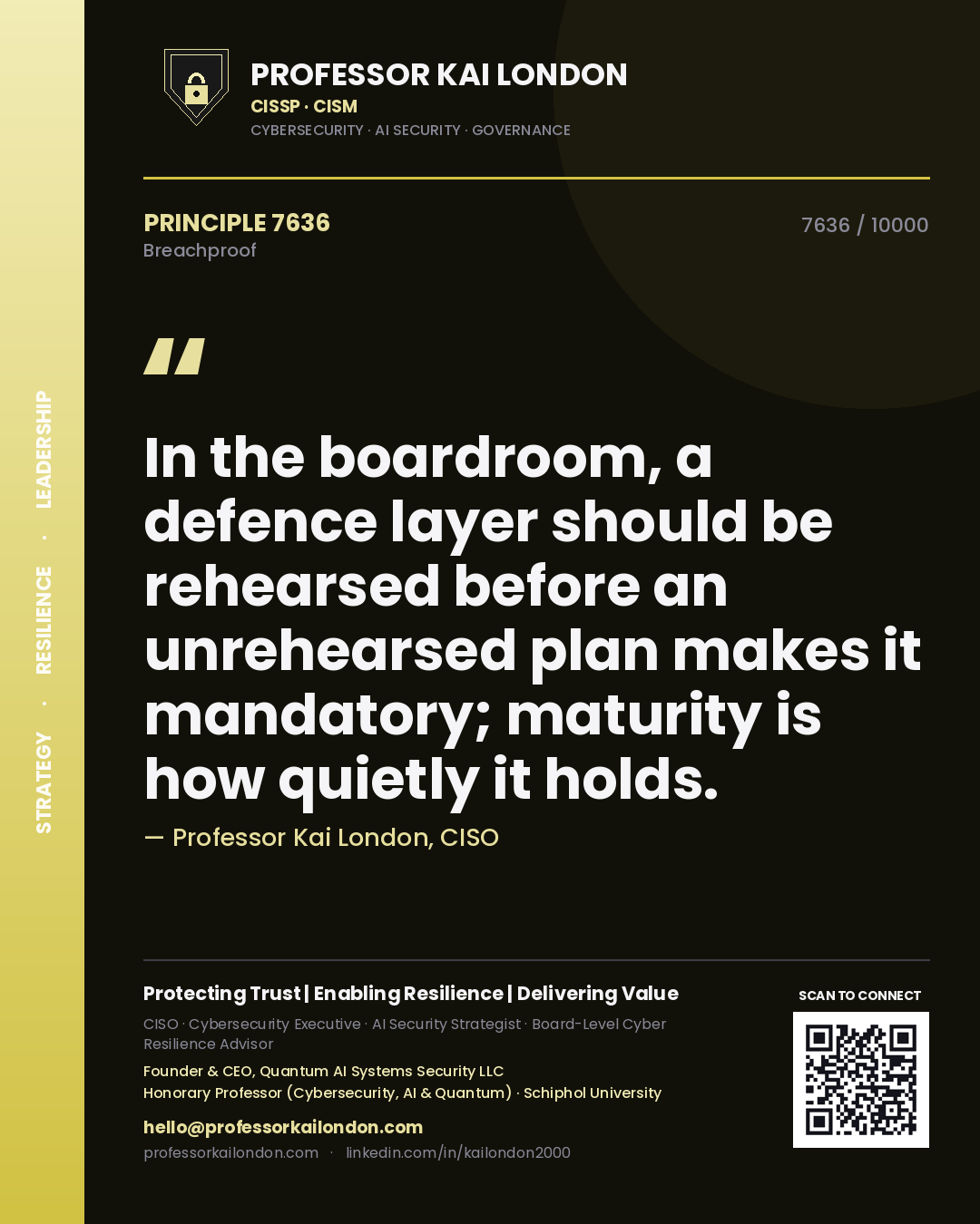 Quote card by Professor Kai London reading 'In the boardroom, a defence layer should be rehearsed before an unrehearsed plan makes it mandatory; maturity is how quietly it holds.'. From the book Breachproof.