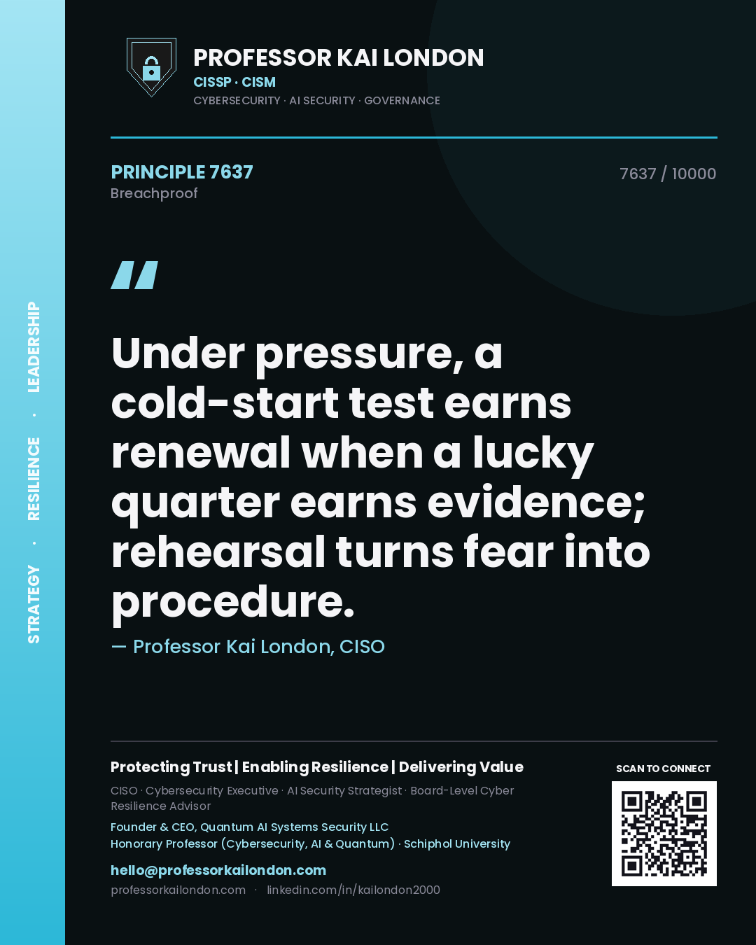 Quote card by Professor Kai London reading 'Under pressure, a cold-start test earns renewal when a lucky quarter earns evidence; rehearsal turns fear into procedure.'. From the book Breachproof.