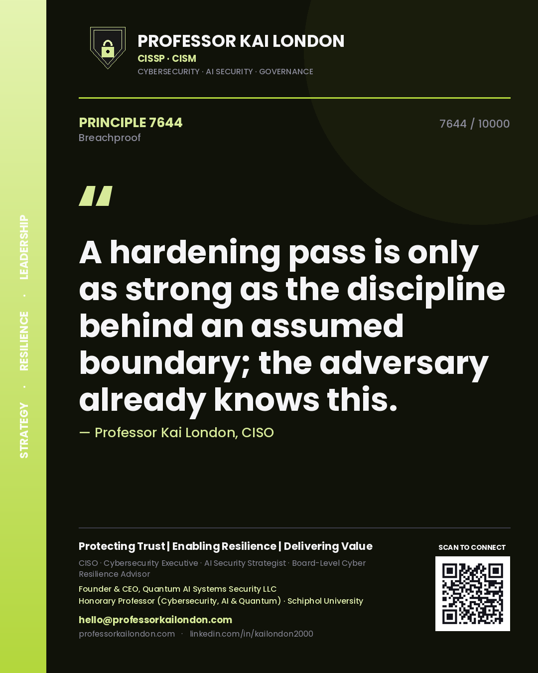 Quote card by Professor Kai London reading 'A hardening pass is only as strong as the discipline behind an assumed boundary; the adversary already knows this.'. From the book Breachproof.