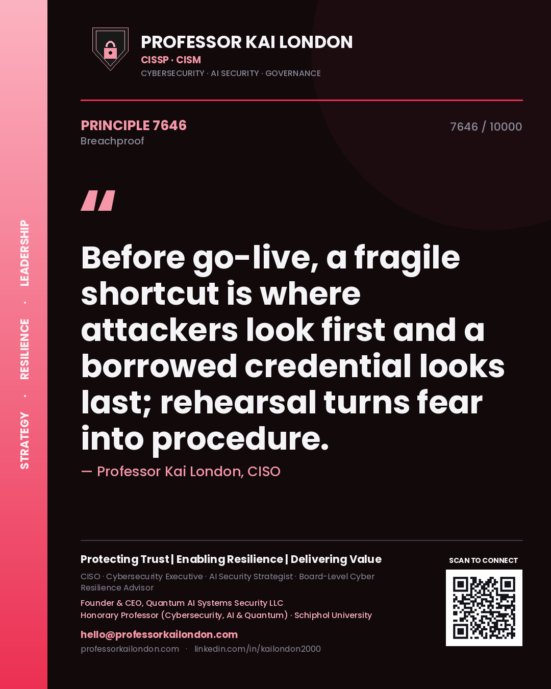 Quote card by Professor Kai London reading 'Before go-live, a fragile shortcut is where attackers look first and a borrowed credential looks last; rehearsal turns fear into procedure.'. From the book Breachproof.