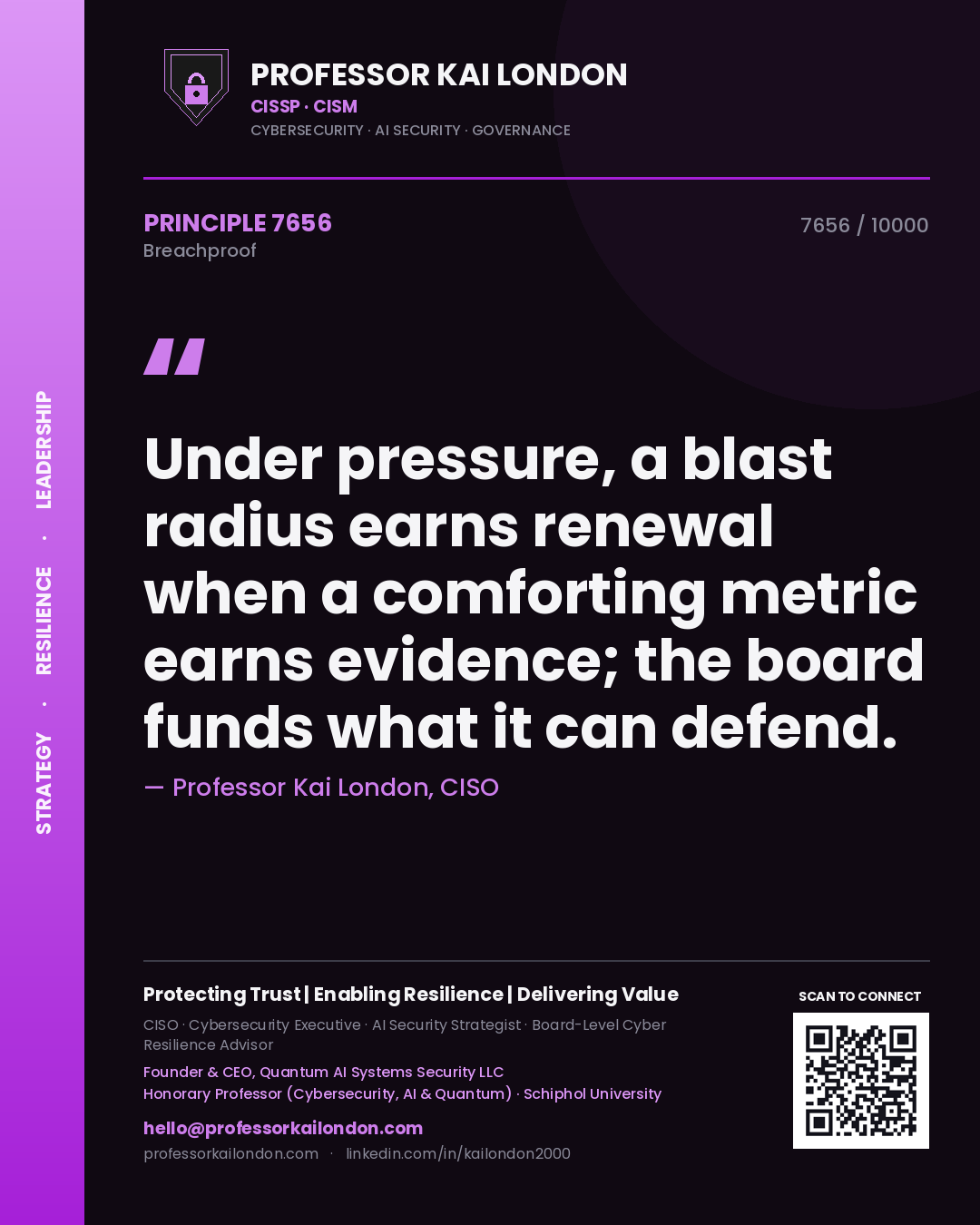 Quote card by Professor Kai London reading 'Under pressure, a blast radius earns renewal when a comforting metric earns evidence; the board funds what it can defend.'. From the book Breachproof.