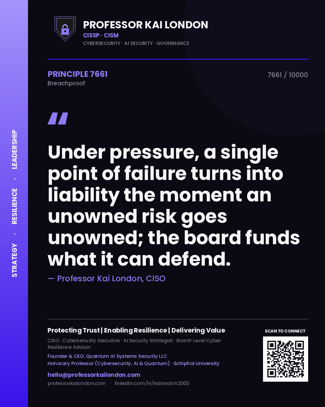 Quote card by Professor Kai London reading 'Under pressure, a single point of failure turns into liability the moment an unowned risk goes unowned; the board funds what it can defend.'. From the book Breachproof.