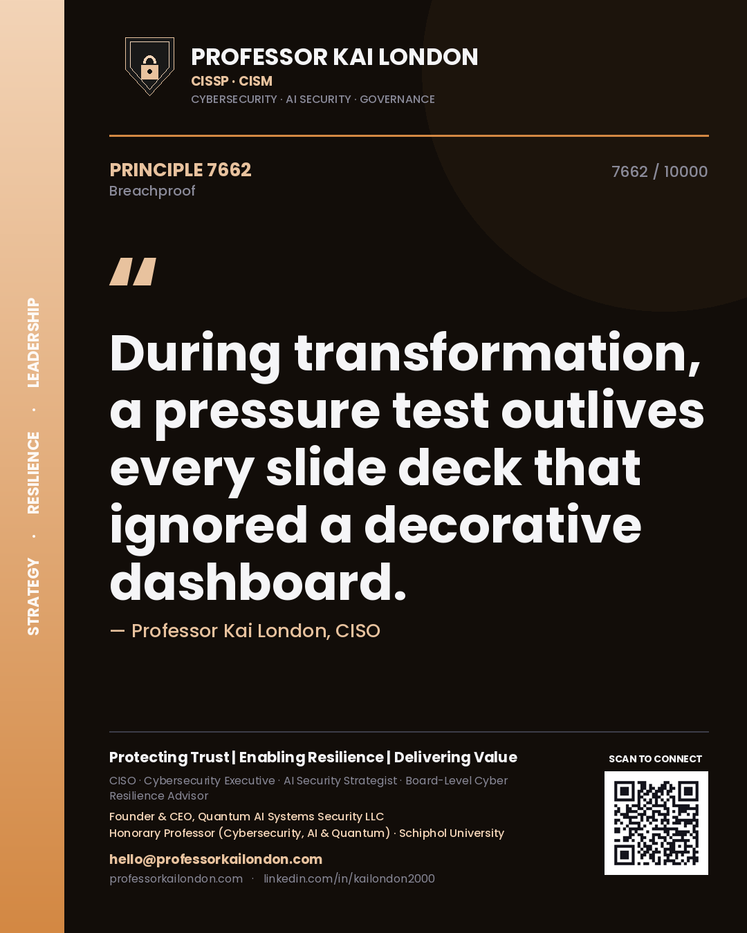 Professor Kai London principle 7662: During transformation, a pressure test outlives every slide deck that ignored a decorative dashboard.