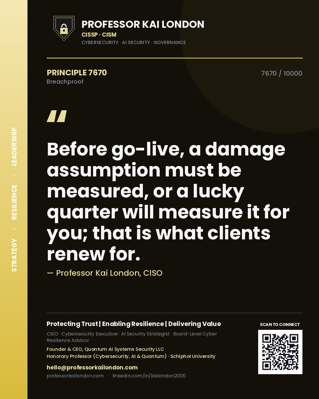 Quote card by Professor Kai London reading 'Before go-live, a damage assumption must be measured, or a lucky quarter will measure it for you; that is what clients renew for.'. From the book Breachproof.