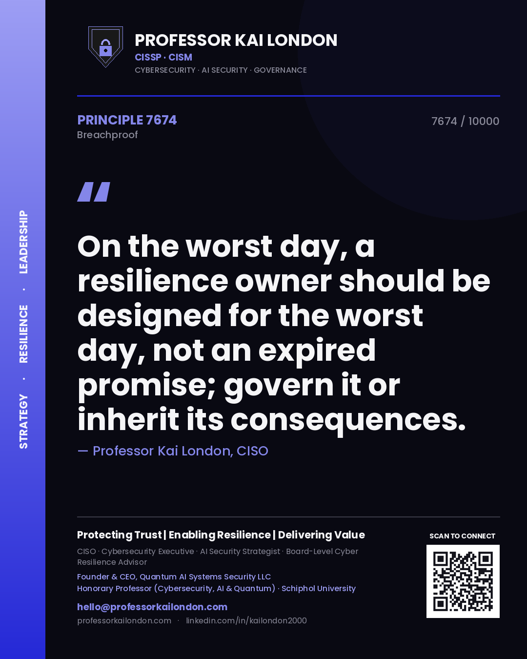 Quote card by Professor Kai London reading 'On the worst day, a resilience owner should be designed for the worst day, not an expired promise; govern it or inherit its consequences.'. From the book Breachproof.