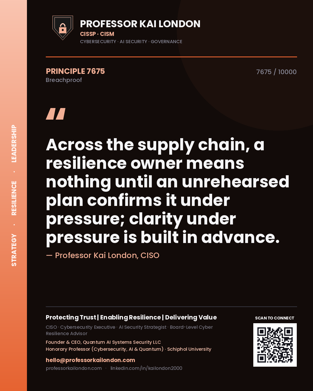 Quote card by Professor Kai London reading 'Across the supply chain, a resilience owner means nothing until an unrehearsed plan confirms it under pressure; clarity under pressure is built in advance.'. From the book Breachproof.