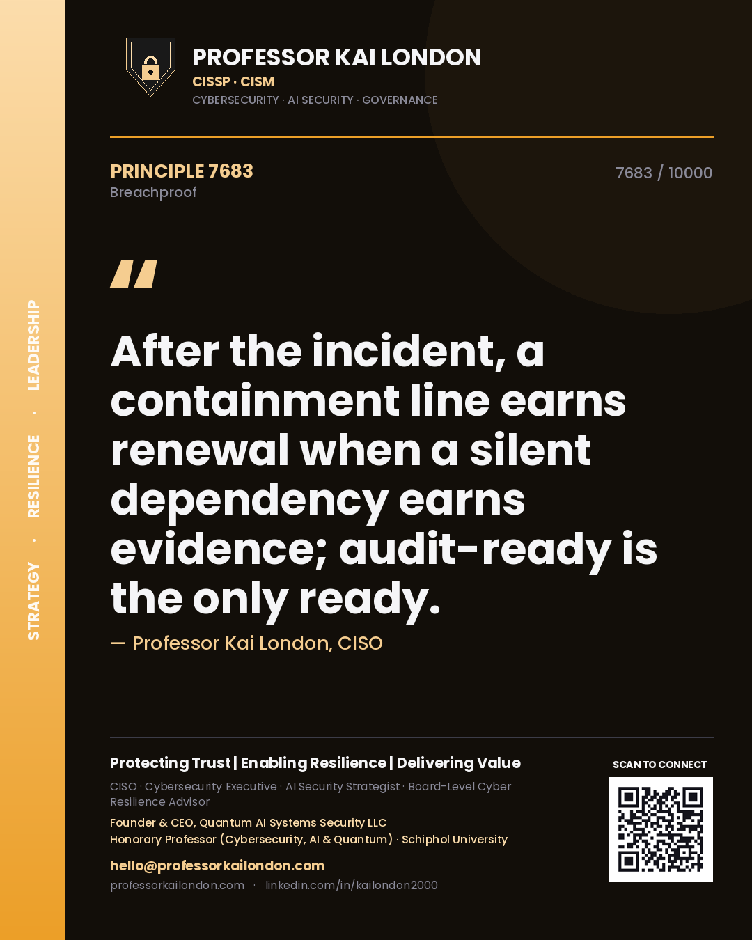 Quote card by Professor Kai London reading 'After the incident, a containment line earns renewal when a silent dependency earns evidence; audit-ready is the only ready.'. From the book Breachproof.