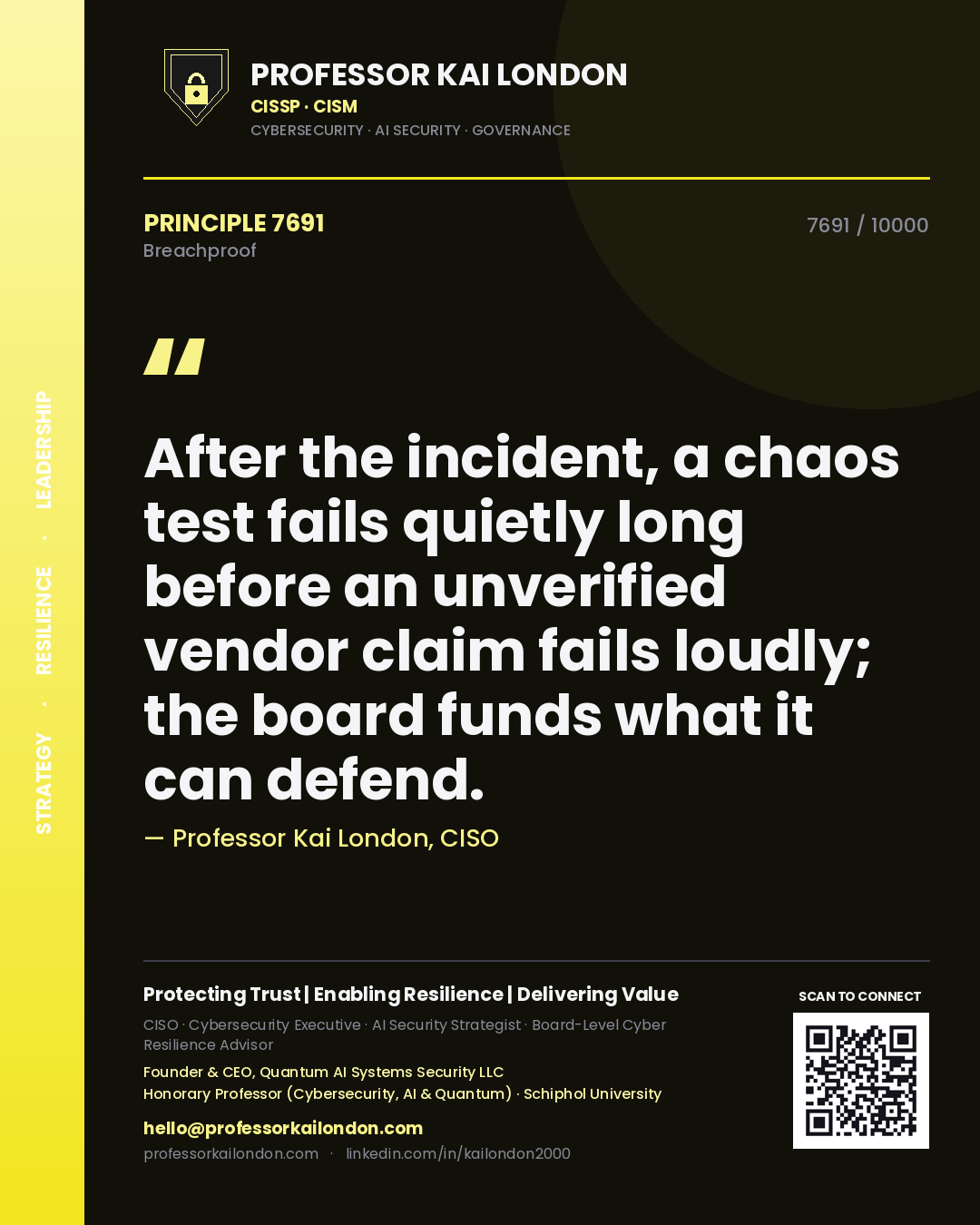 Professor Kai London principle 7691: After the incident, a chaos test fails quietly long before an unverified vendor claim fails loudly; the board funds what it can defend.