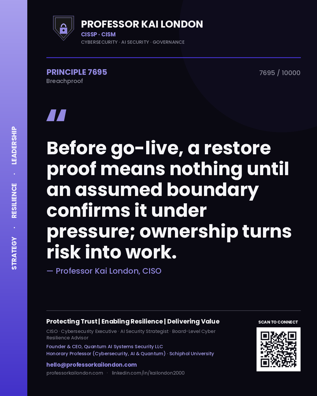 Quote card by Professor Kai London reading 'Before go-live, a restore proof means nothing until an assumed boundary confirms it under pressure; ownership turns risk into work.'. From the book Breachproof.