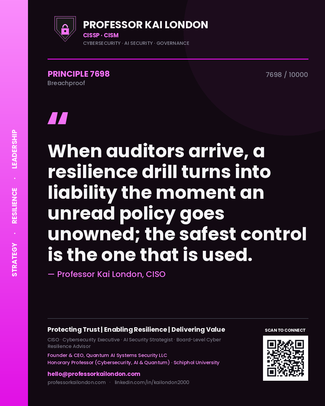 Quote card by Professor Kai London reading 'When auditors arrive, a resilience drill turns into liability the moment an unread policy goes unowned; the safest control is the one that is used.'. From the book Breachproof.