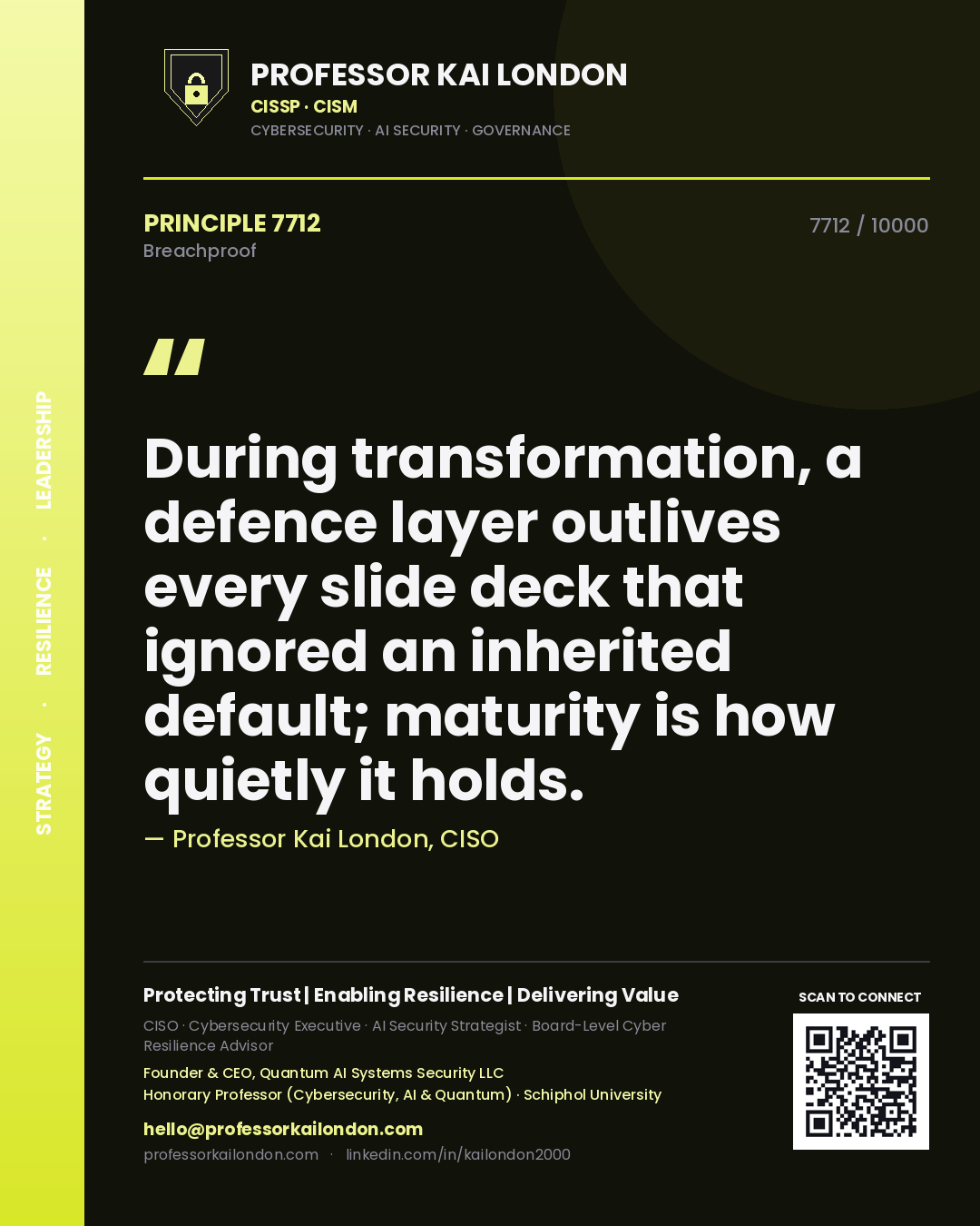 Professor Kai London principle 7712: During transformation, a defence layer outlives every slide deck that ignored an inherited default; maturity is how quietly it holds.