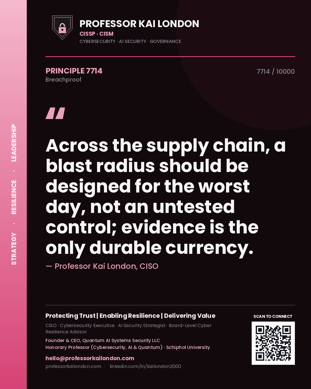 Quote card by Professor Kai London reading 'Across the supply chain, a blast radius should be designed for the worst day, not an untested control; evidence is the only durable currency.'. From the book Breachproof.