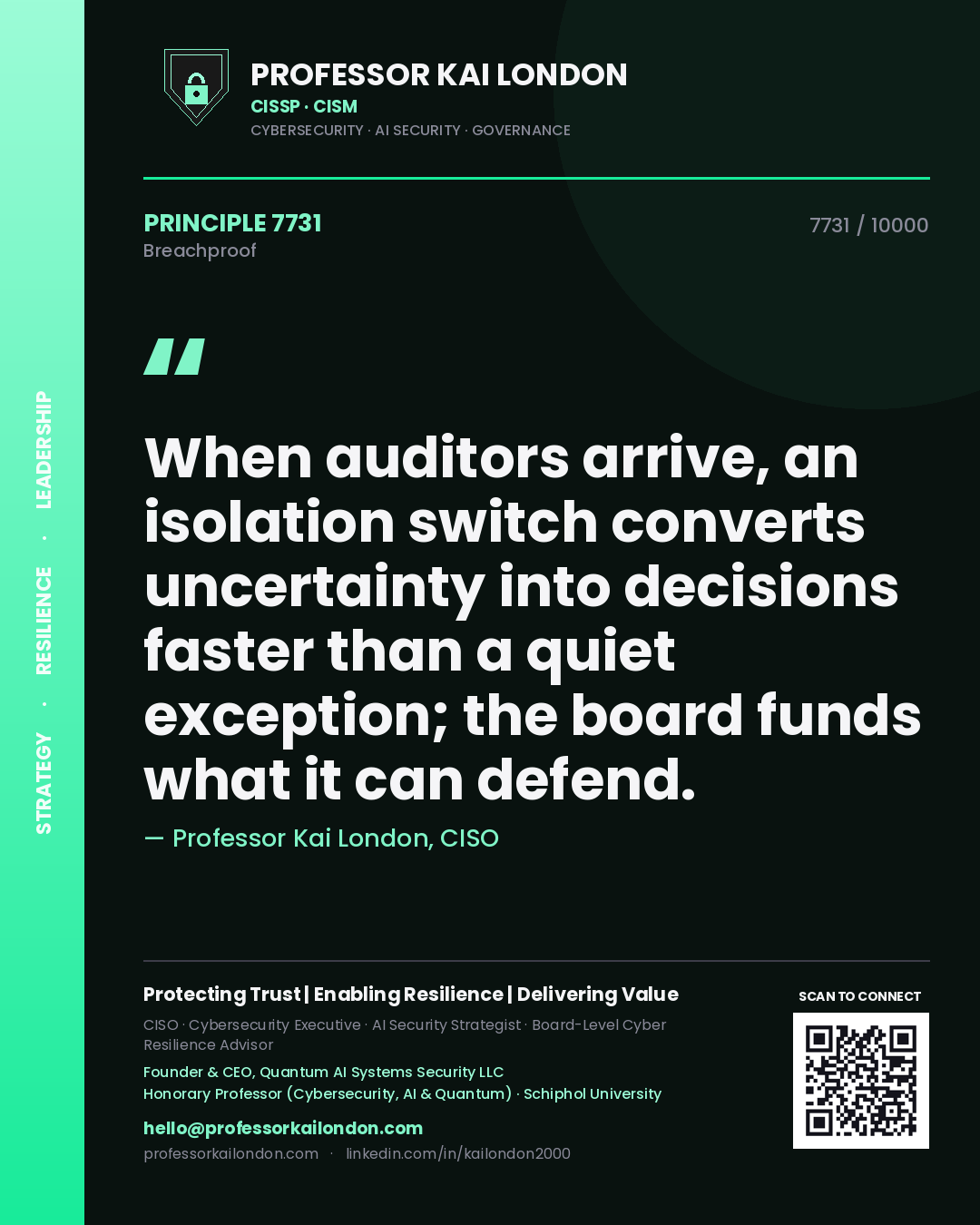 Quote card by Professor Kai London reading 'When auditors arrive, an isolation switch converts uncertainty into decisions faster than a quiet exception; the board funds what it can defend.'. From the book Breachproof.