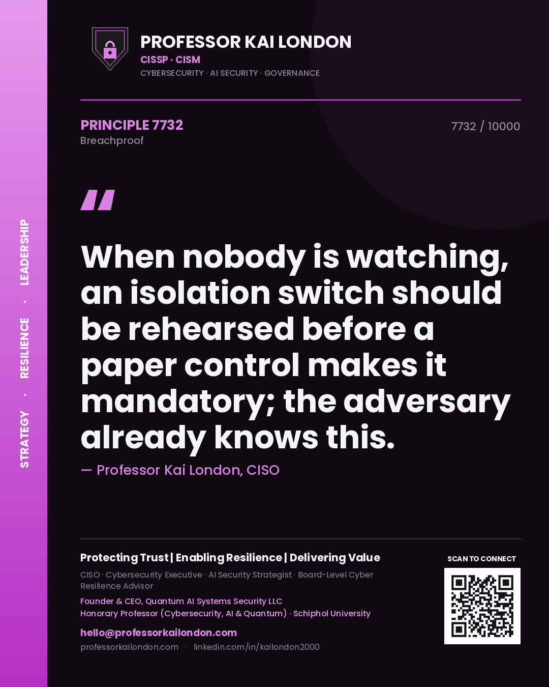Quote card by Professor Kai London reading 'When nobody is watching, an isolation switch should be rehearsed before a paper control makes it mandatory; the adversary already knows this.'. From the book Breachproof.
