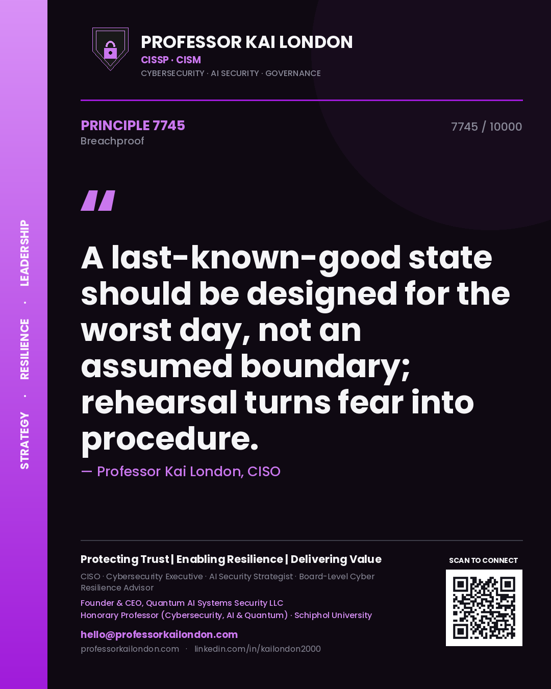 Quote card by Professor Kai London reading 'A last-known-good state should be designed for the worst day, not an assumed boundary; rehearsal turns fear into procedure.'. From the book Breachproof.