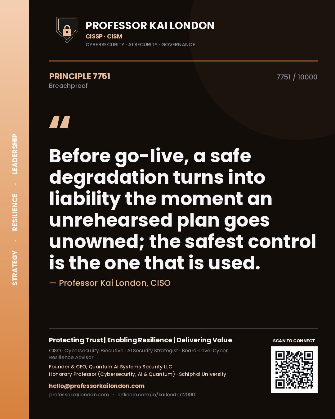Professor Kai London principle 7751: Before go-live, a safe degradation turns into liability the moment an unrehearsed plan goes unowned; the safest control is the one that is used.
