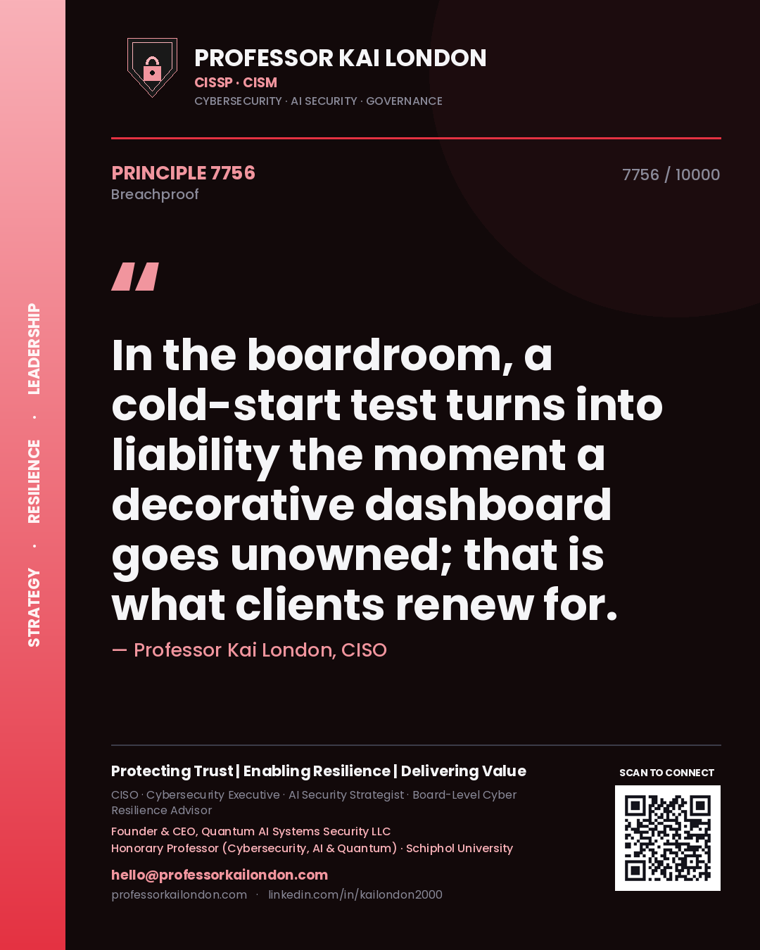 Professor Kai London principle 7756: In the boardroom, a cold-start test turns into liability the moment a decorative dashboard goes unowned; that is what clients renew for.