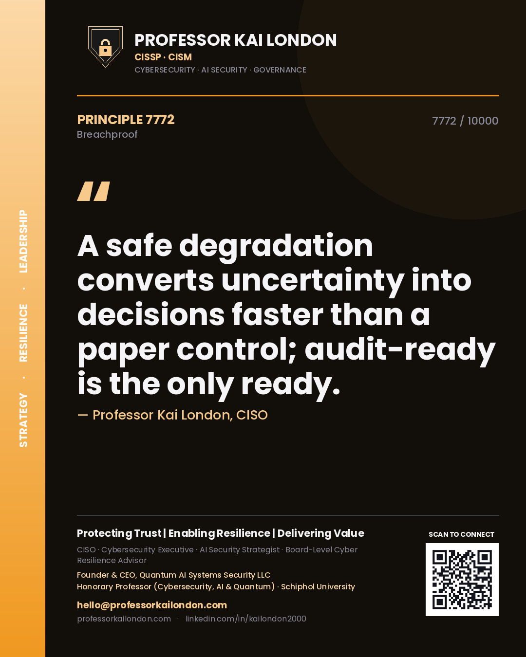 Quote card by Professor Kai London reading 'A safe degradation converts uncertainty into decisions faster than a paper control; audit-ready is the only ready.'. From the book Breachproof.