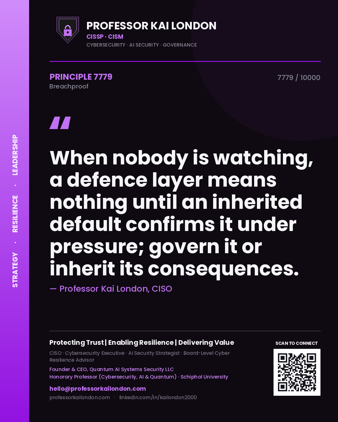 Quote card by Professor Kai London reading 'When nobody is watching, a defence layer means nothing until an inherited default confirms it under pressure; govern it or inherit its consequences.'. From the book Breachproof.
