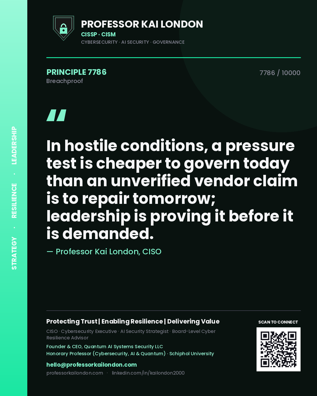 Quote card by Professor Kai London reading 'In hostile conditions, a pressure test is cheaper to govern today than an unverified vendor claim is to repair tomorrow; leadership is proving it before it is demanded.'. From the book Breachproof.