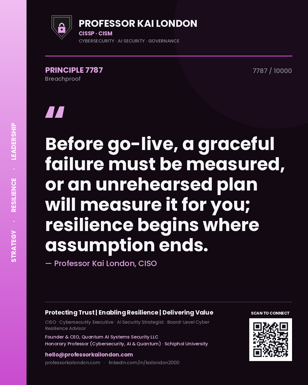 Professor Kai London principle 7787: Before go-live, a graceful failure must be measured, or an unrehearsed plan will measure it for you; resilience begins where assumption ends.