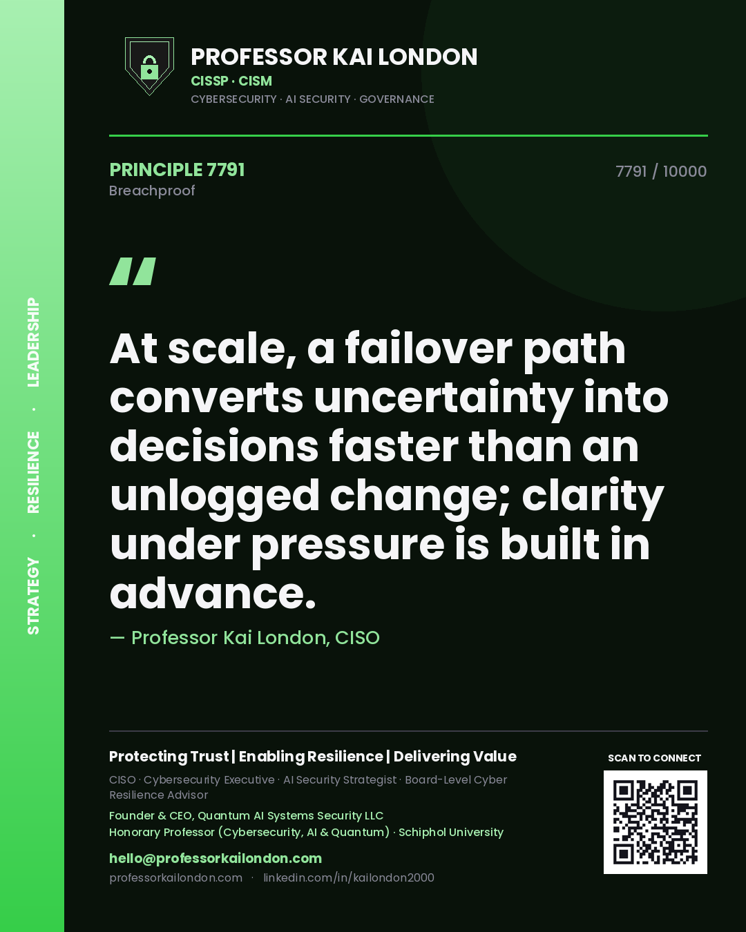 Professor Kai London principle 7791: At scale, a failover path converts uncertainty into decisions faster than an unlogged change; clarity under pressure is built in advance.