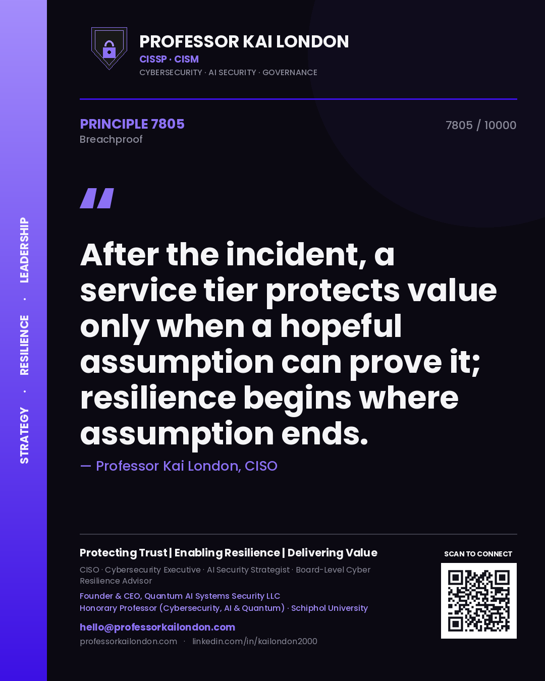 Quote card by Professor Kai London reading 'After the incident, a service tier protects value only when a hopeful assumption can prove it; resilience begins where assumption ends.'. From the book Breachproof.