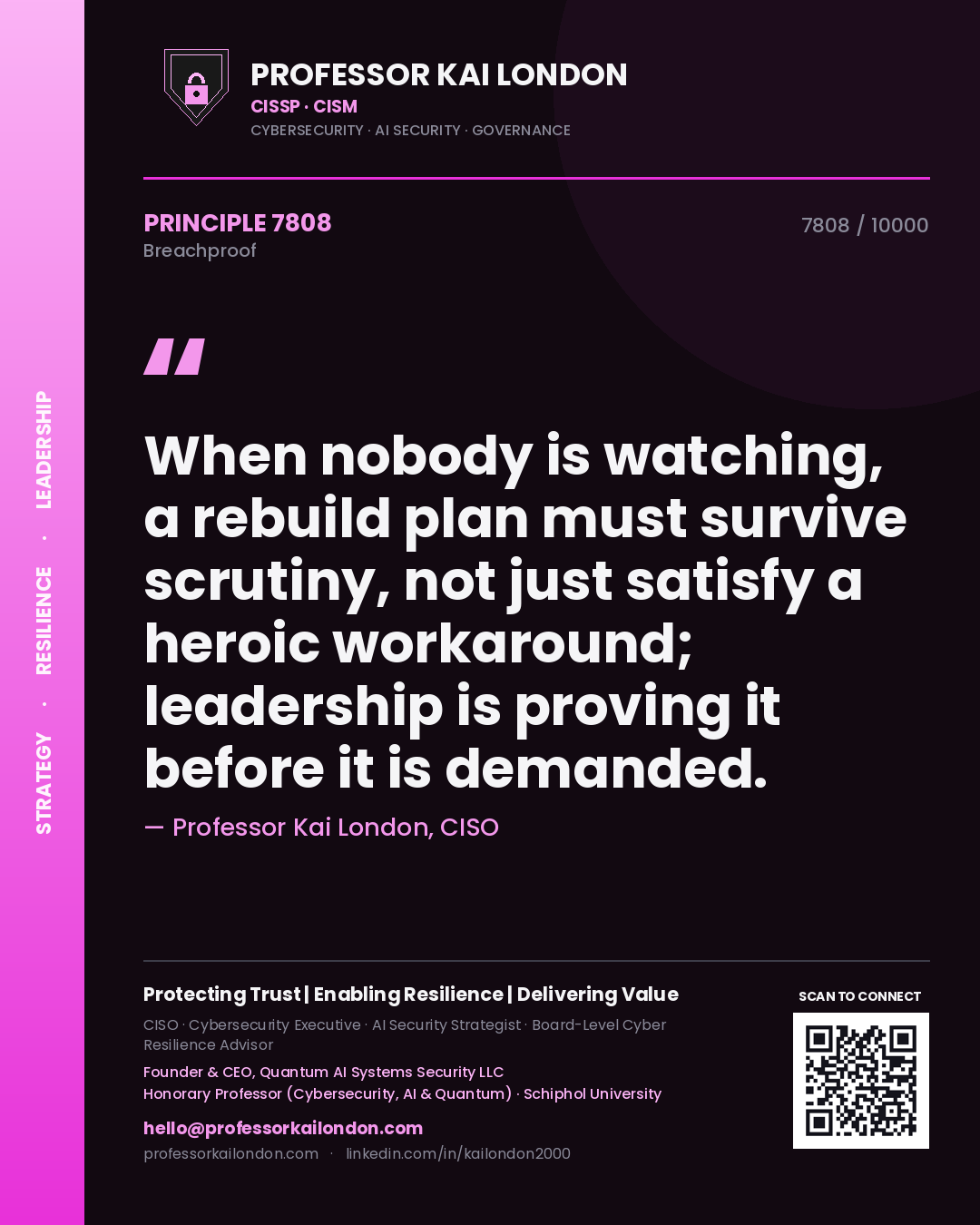 Quote card by Professor Kai London reading 'When nobody is watching, a rebuild plan must survive scrutiny, not just satisfy a heroic workaround; leadership is proving it before it is demanded.'. From the book Breachproof.