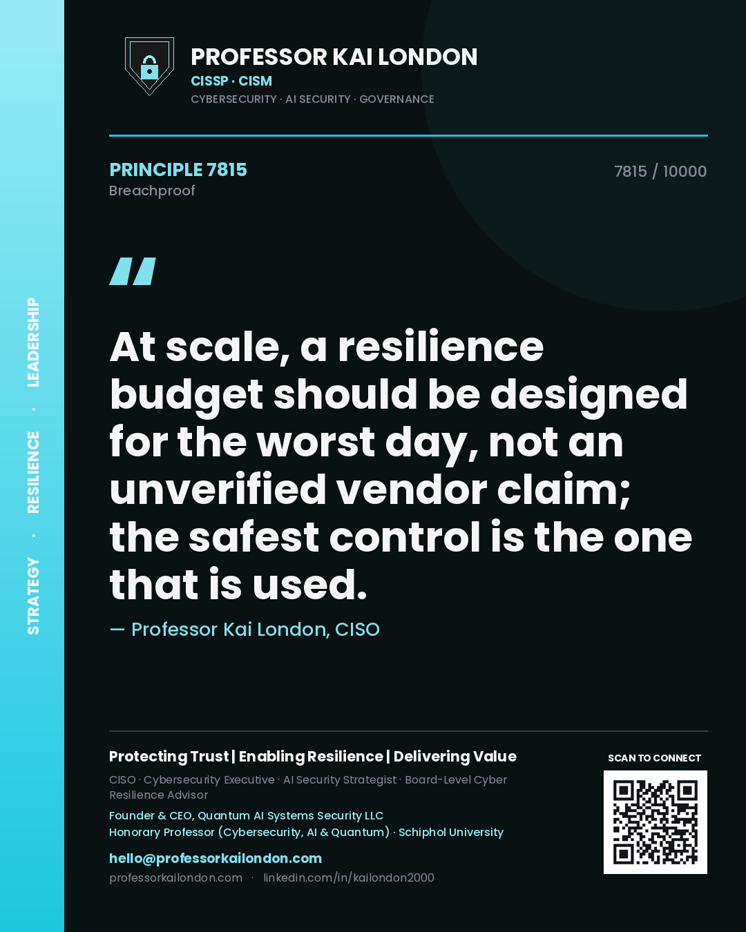 Quote card by Professor Kai London reading 'At scale, a resilience budget should be designed for the worst day, not an unverified vendor claim; the safest control is the one that is used.'. From the book Breachproof.