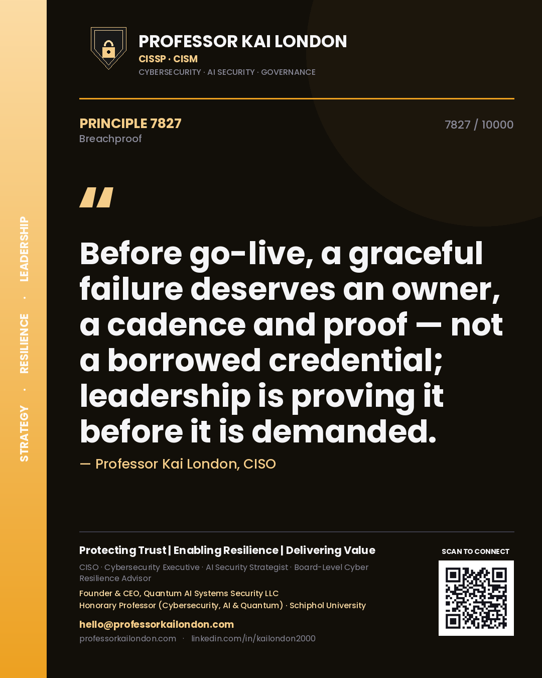 Professor Kai London principle 7827: Before go-live, a graceful failure deserves an owner, a cadence and proof — not a borrowed credential; leadership is proving it before it is demanded.