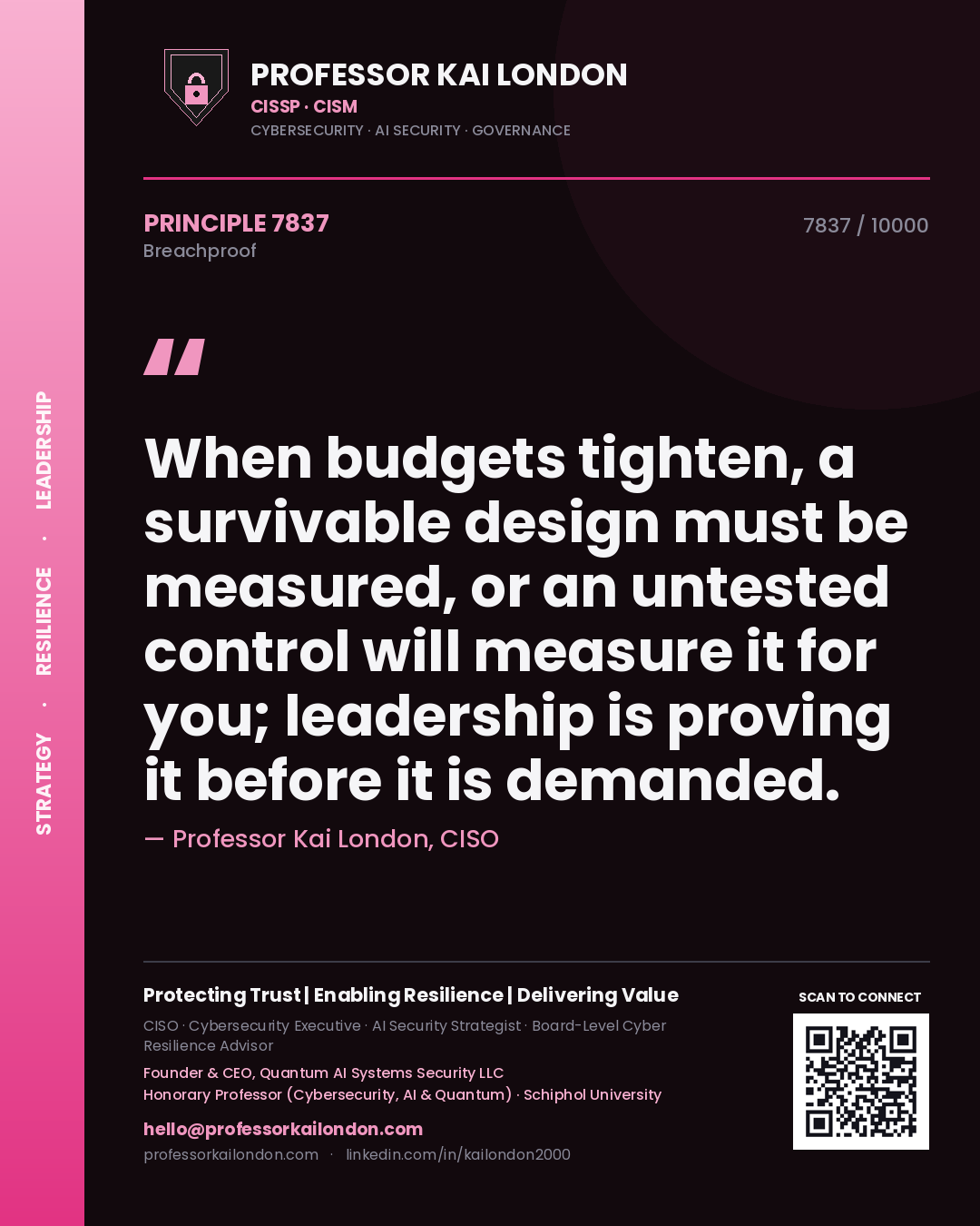 Quote card by Professor Kai London reading 'When budgets tighten, a survivable design must be measured, or an untested control will measure it for you; leadership is proving it before it is demanded.'. From the book Breachproof.
