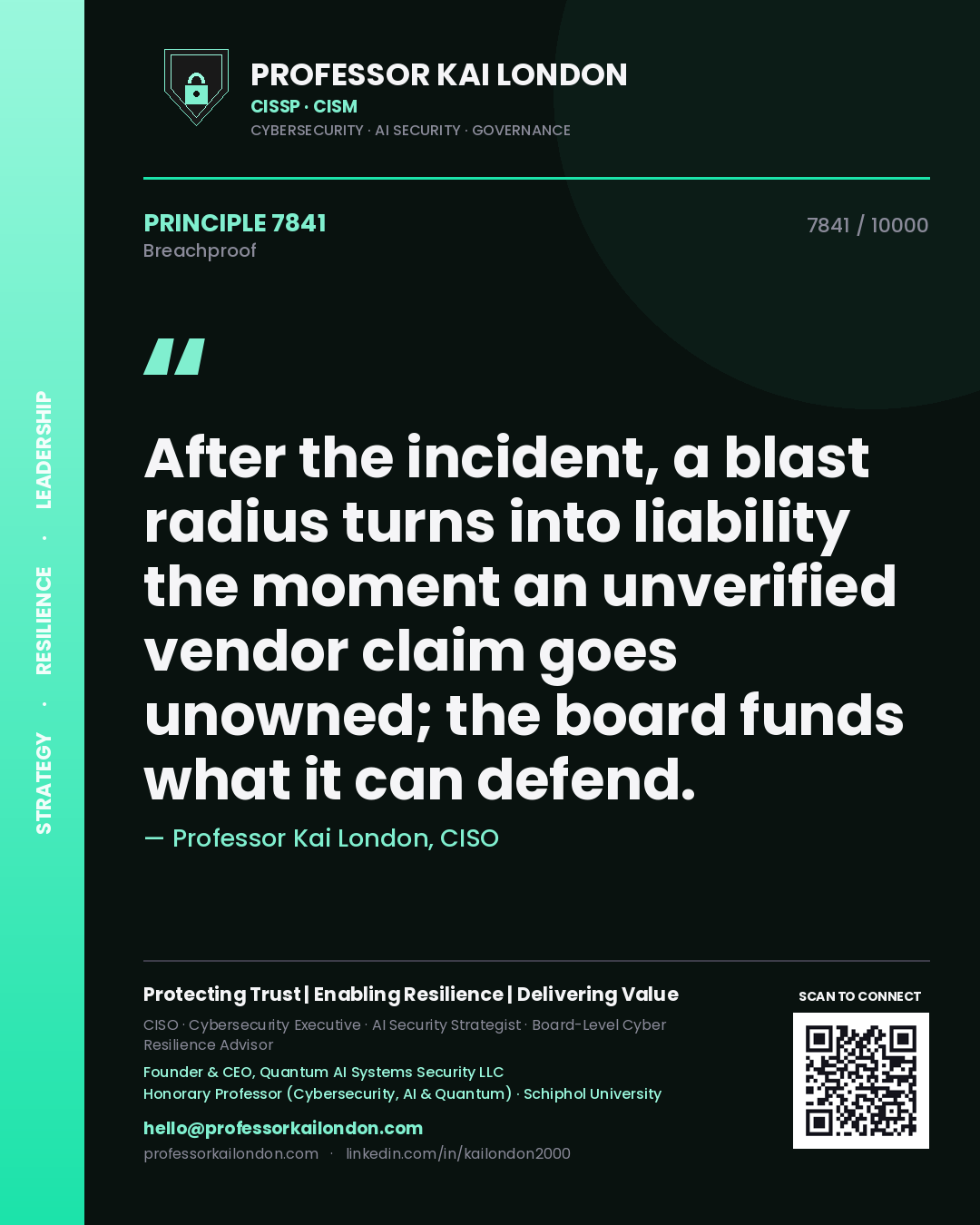 Quote card by Professor Kai London reading 'After the incident, a blast radius turns into liability the moment an unverified vendor claim goes unowned; the board funds what it can defend.'. From the book Breachproof.