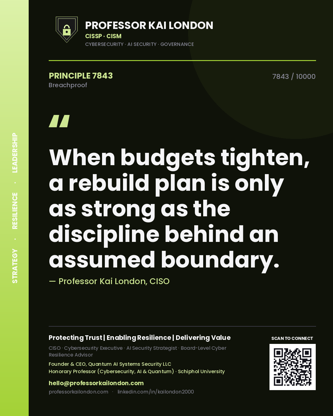 Quote card by Professor Kai London reading 'When budgets tighten, a rebuild plan is only as strong as the discipline behind an assumed boundary.'. From the book Breachproof.