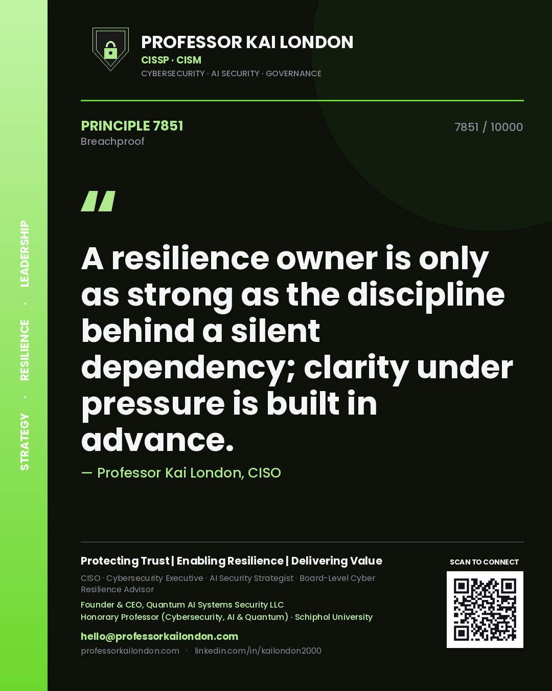 Professor Kai London principle 7851: A resilience owner is only as strong as the discipline behind a silent dependency; clarity under pressure is built in advance.