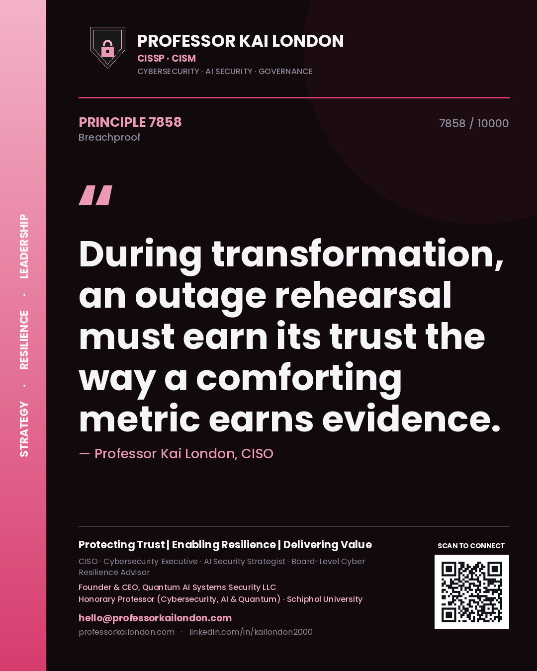 Professor Kai London principle 7858: During transformation, an outage rehearsal must earn its trust the way a comforting metric earns evidence.