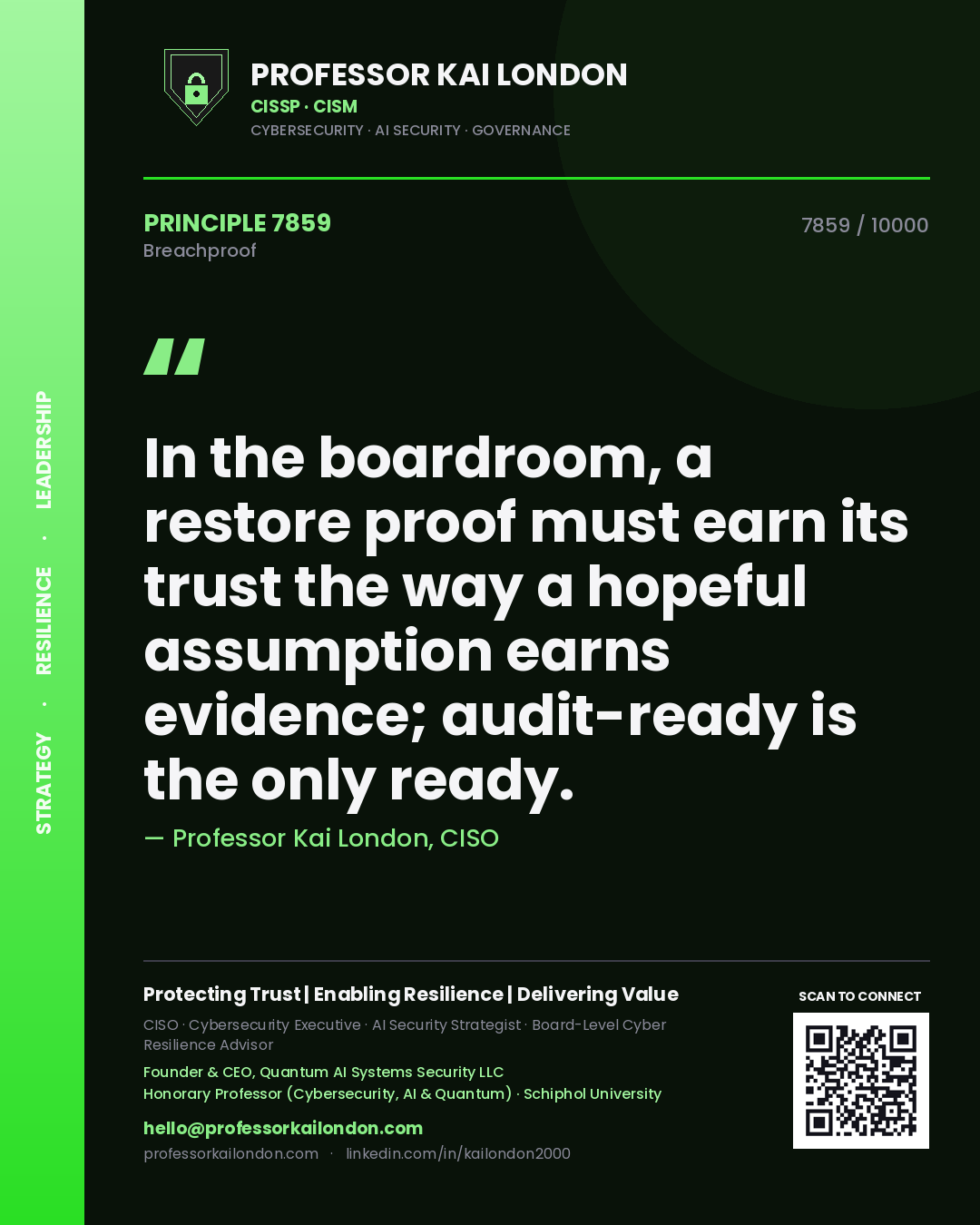 Professor Kai London principle 7859: In the boardroom, a restore proof must earn its trust the way a hopeful assumption earns evidence; audit-ready is the only ready.